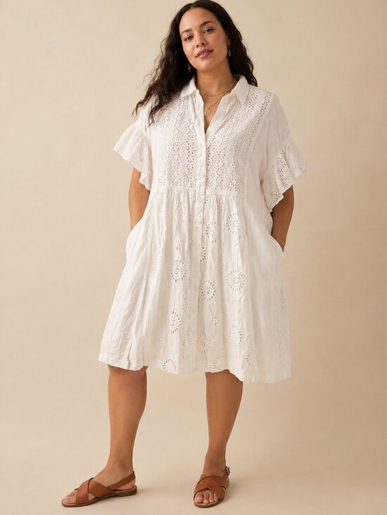 By Anthropologie Dresses & Skirts - Anthropologie Eyelet Embroidered Babydoll Dress Ruffle Sleeve White 2X